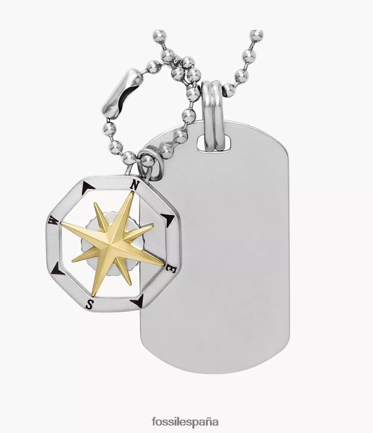joyas 804XJ41902 tono plateado hombres Fossil collar con placa de identificación de acero inoxidable Sutton Compass