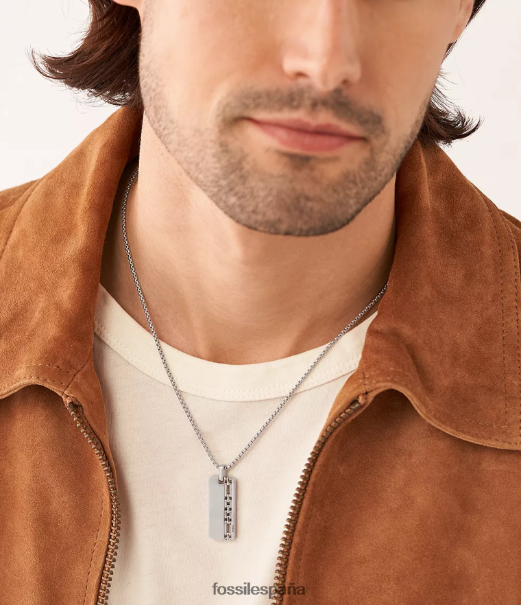 joyas 804XJ41918 tono plateado hombres Fossil collar con placa de identificación de acero inoxidable