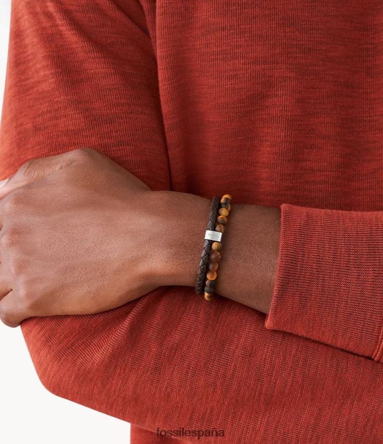 joyas 804XJ41849 ojo de tigre y marrón hombres Fossil brazalete de cuero