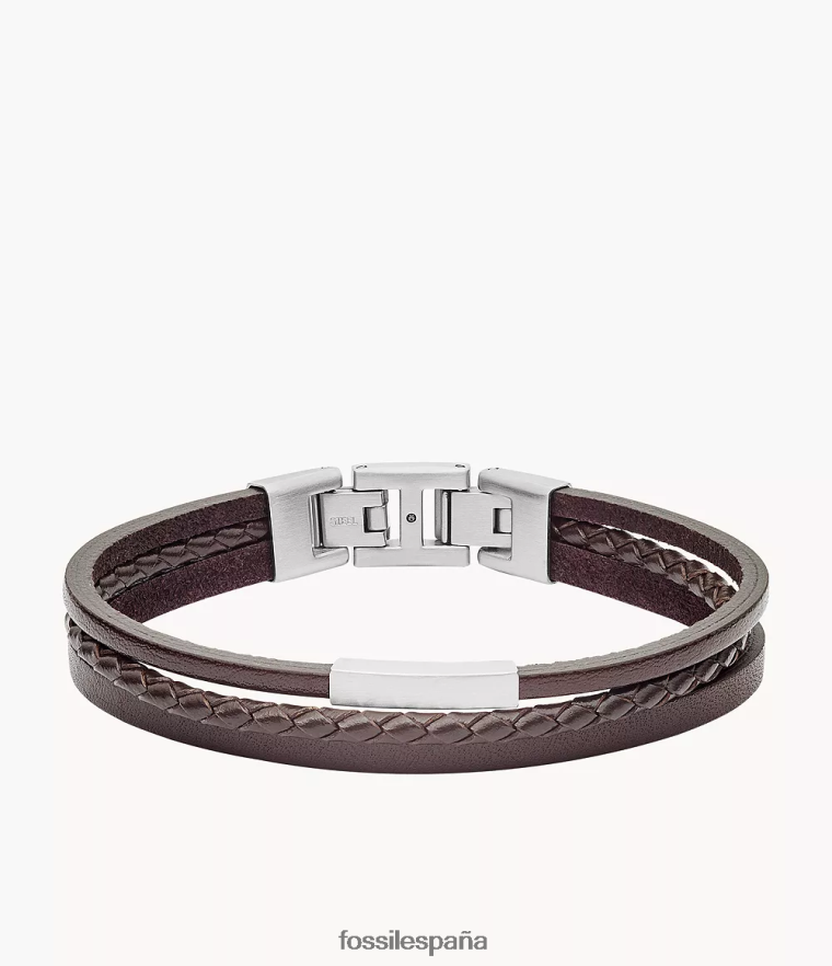 joyas 804XJ41868 tono plateado hombres Fossil pulsera de varias hebras de acero y cuero