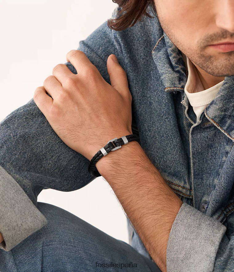 joyas 804XJ41878 negro hombres Fossil pulsera de cuero con eslabones D Heritage