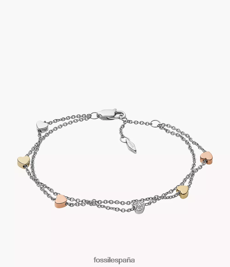 joyas 804XJ41015 plata mujer Fossil pulsera de doble cadena de acero en tres tonos con forma de corazón Sutton