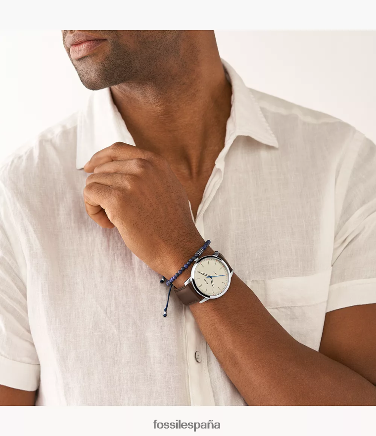 mirar 804XJ41421 marrón hombres Fossil conjunto minimalista de reloj y pulsera de cuero de tres manecillas