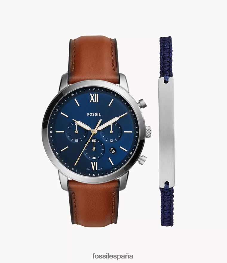 mirar 804XJ41436 azul hombres Fossil Conjunto de reloj y pulsera de piel con cronógrafo Neutra.
