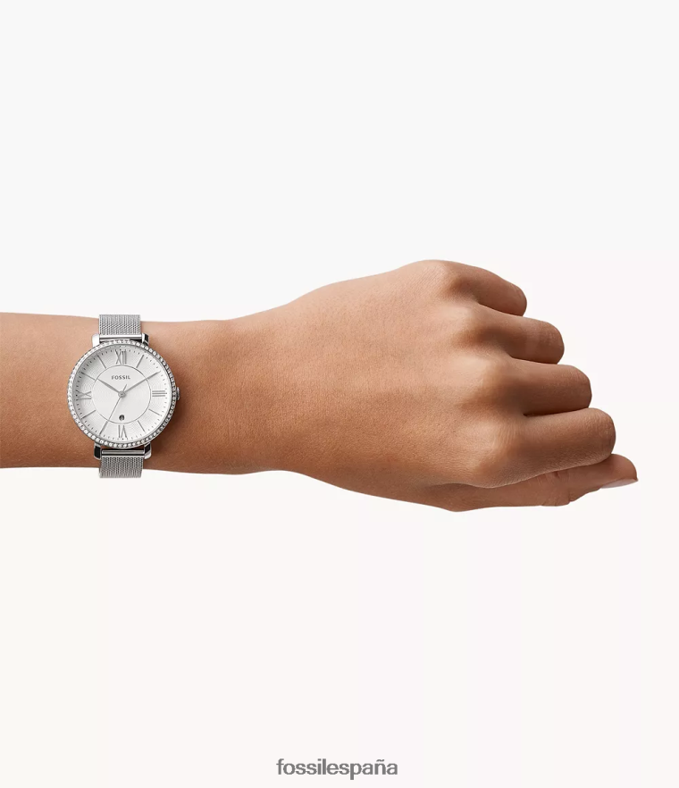 mirar 804XJ425 tono plateado mujer Fossil Reloj Jacqueline de acero inoxidable con tres manecillas y fecha.