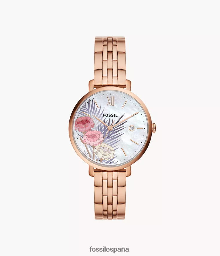 mirar 804XJ443 tono oro rosa mujer Fossil Reloj Jacqueline de acero inoxidable con tres manecillas y fecha.
